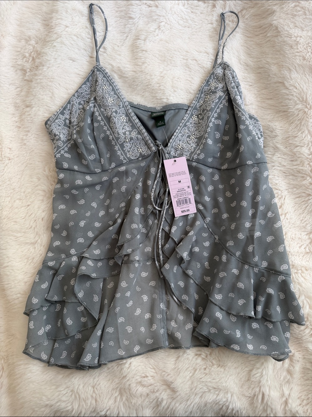 wild fable Gray Paisley Lace-Up Ruffle Camisole